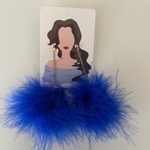 Blue Feather Pom Drop Earrings - Gold Chain